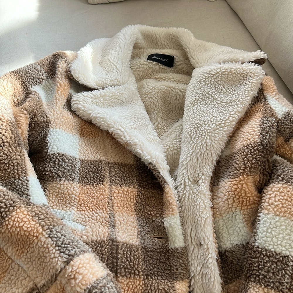 Cozy Plaid Sherpa Jacket - Cream and Brown, MINKPINK SMALL